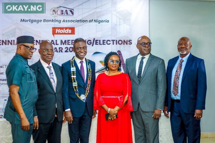 From Left to Right (L-R): Mr Ime Okon (Deputy President East, MD Akwa Savings); Mr Mac-Yoroki (Immediate Past President, MD Citycode Mortgage Bank); Mr Ayo Olowookere (President & Chairman of Council, MD Imperial Homes Mortgage Bank); Mrs Joan Adenuga(Legal Adviser); Mr. Arinze Adigwe (Vice President & MD of Homebase Mortgage Bank); Mr. Arinze Adigwe (Vice President & MD of Homebase Mortgage Bank); and Dr. Adedeji Ajadi (Executive Secretary, MBAN).